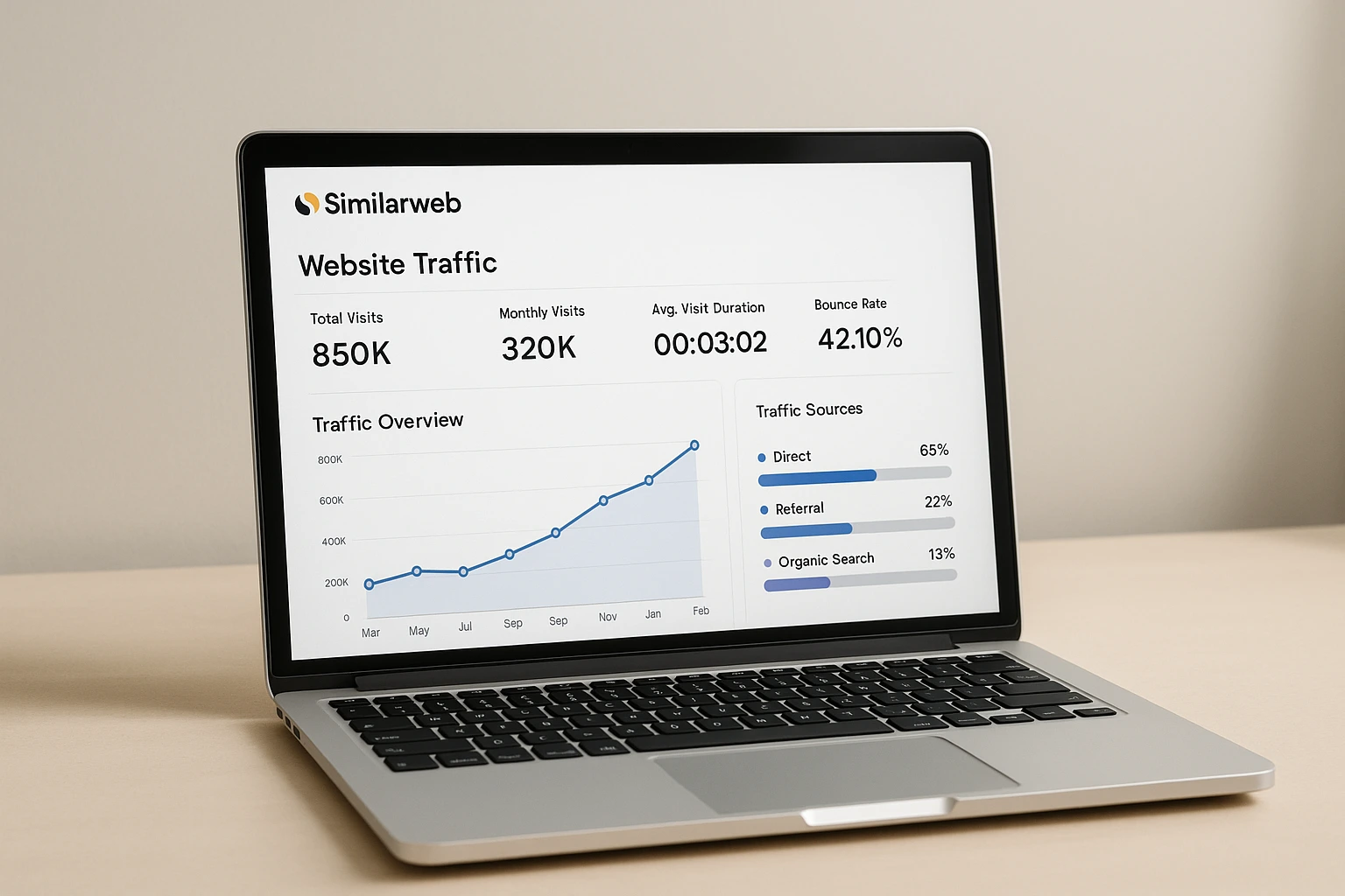 Laptop on a desk showing Similarweb analytics dashboard with rising traffic chart